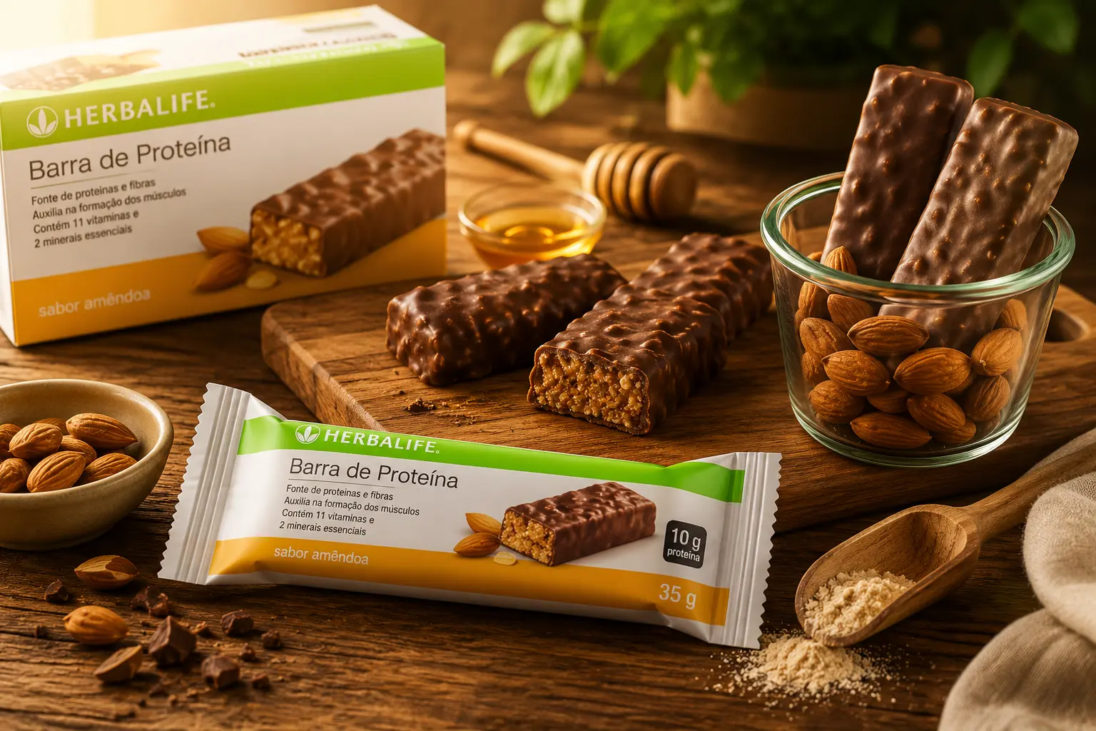 Barras de proteína Herbalife com cobertura de chocolate e amêndoas
