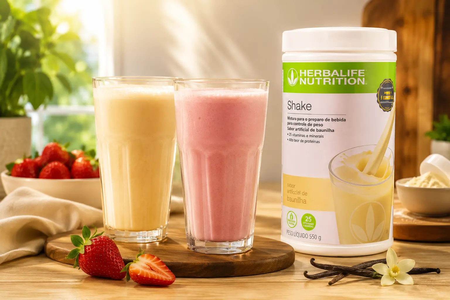 Shakes Herbalife de morango e baunilha preparados em copos, ao lado da embalagem do produto
