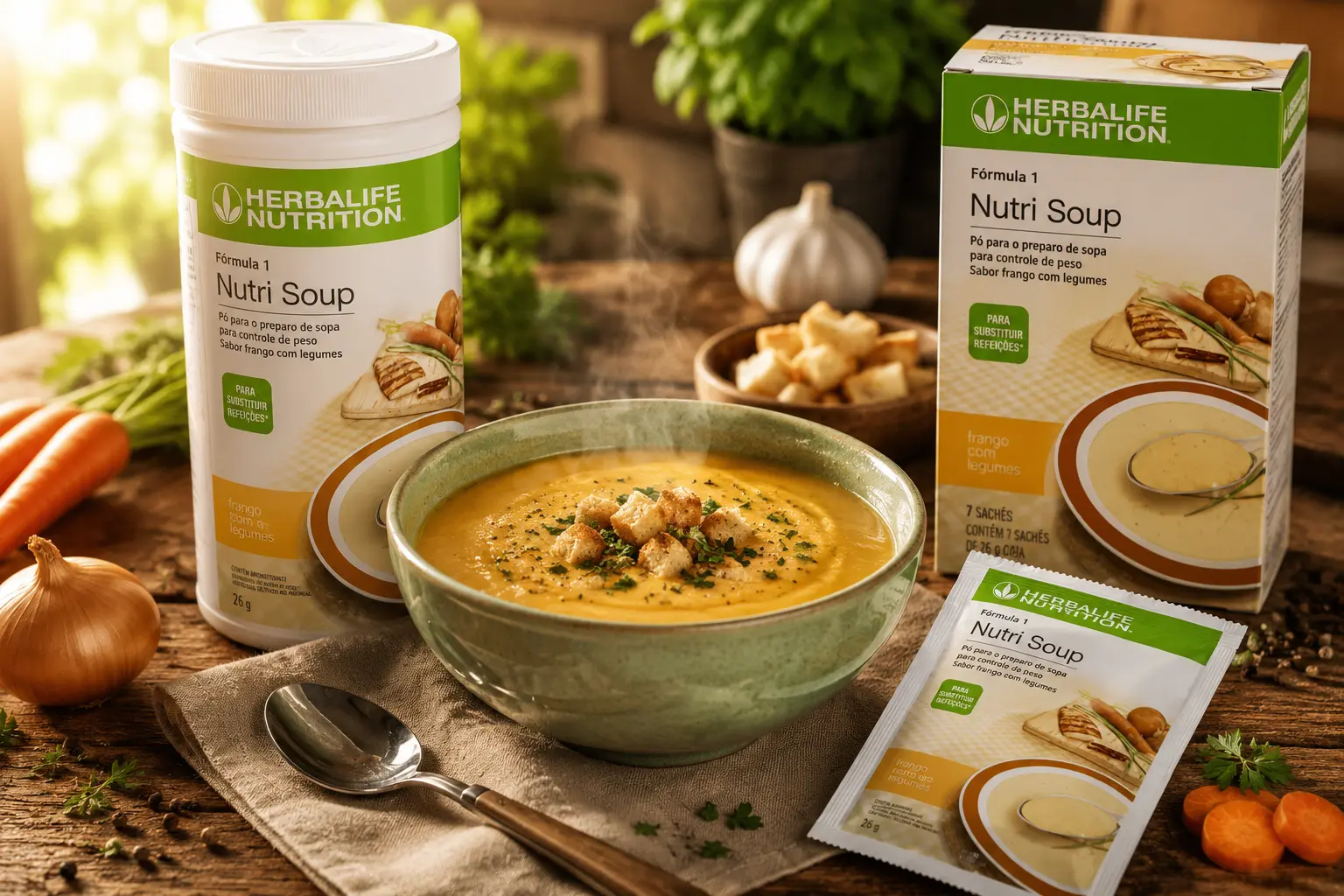 Sopa cremosa Herbalife servida quente, com embalagem Nutri Soup