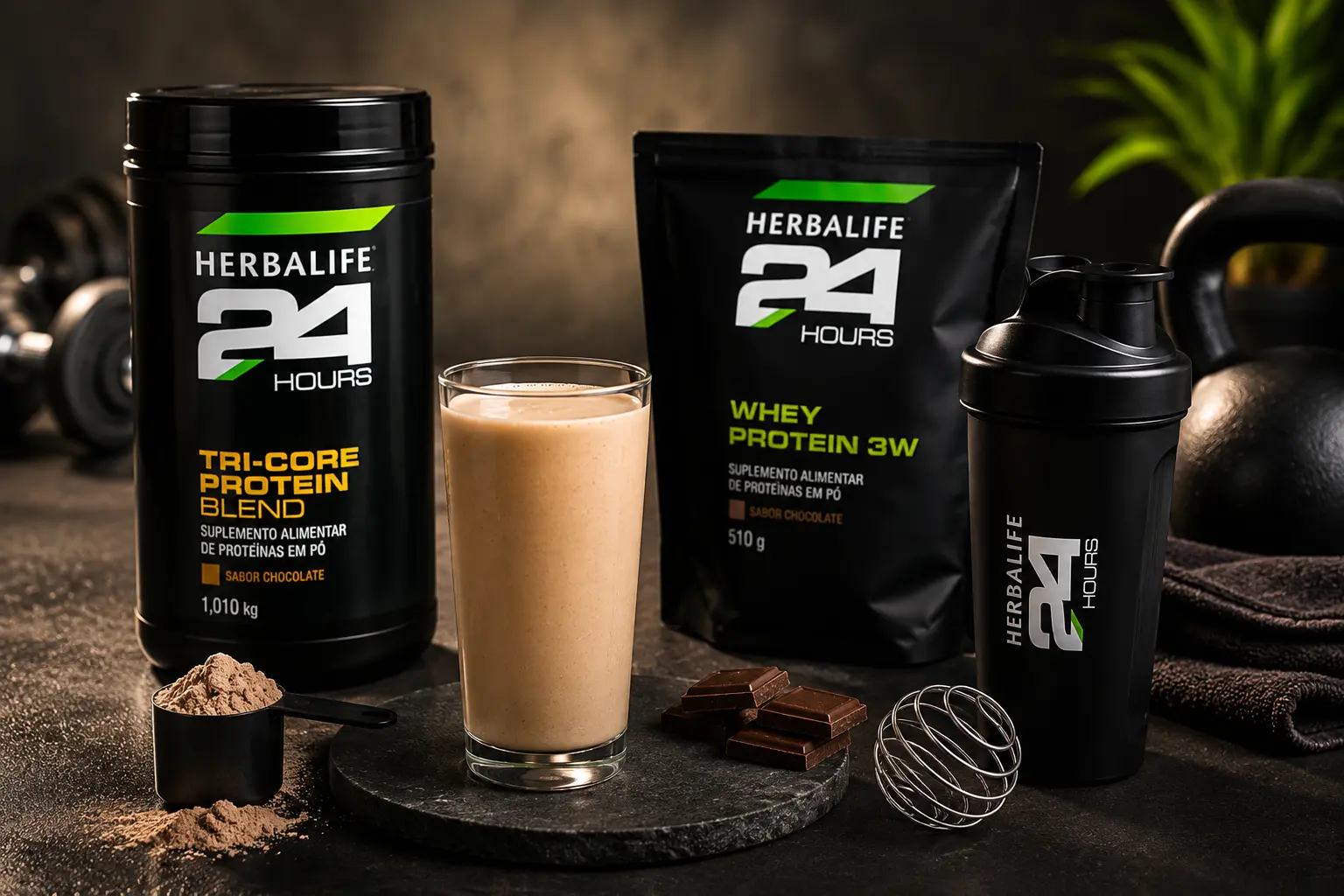 Linha Herbalife 24 Whey Protein com shake de chocolate e coqueteleira